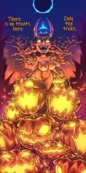 goblin goblin_female long_nose shortstack sharp_teeth pointy_ears colored_skin colored 2d tagme nixonison oc nipples puffy_nipples english_text text sweat long_ears red_skin tail demon demon_girl halloween halloween_theme pumpkin jack-o'-lantern long_hair imp horns glowing_eyes eclipse hell
