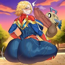 ai_generated pokemon pokemon_(species) pokephilia huge_ass huge_cock huge_thighs large_ass large_penis skimpy_clothes skimpy thick_thighs crossover weird_crossover pokse generation_3_pokemon pokemon_rse pokemon_oras marvel marvel_comics feebas captain_marvel huge_breasts sitting irritated gritted_teeth embarrassed massive_ass