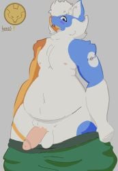 absurd_res anthro blush calico_cat coin coin_flip dani_redd domestic_cat felid feline felis genitals hi_res male mammal penis presenting presenting_penis schrödinger's_cat slightly_chubby slightly_chubby_male solo undressing_self