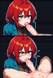 1boy 1girl angry_face blowjob clothed_female_nude_male clothed_sex female female_focus male penis red_hair straight unseen_male meta animated pixel_art ai_generated