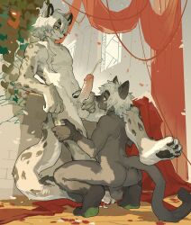 anthro backsack balls black_body black_fur black_nose bodily_fluids braided_hair butt crouching cum cum_on_face domestic_cat duo ejaculation erection feet felid feline felis fur genital_fluids genitals grey_body grey_fur hair hi_res humanoid_genitalia humanoid_penis kemono long_hair male male/male mammal markings milkybot nipples nude nude_anthro nude_male pantherine pawpads paws penis pointy_ears pubes snow_leopard spots spotted_body spotted_fur white_body white_fur