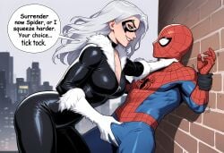 1boy 1girls against_wall ai_generated black_cat_(marvel) choking felicia_hardy femdom forced forced_oral hand_on_penis malesub marvel marvel_comics peter_parker pushed_against_wall seductivequeen spider-man spider-man_(series)