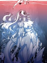 2girls abs areolae black_sclera breasts erect_nipples excessive_pubic_hair eyelashes female female_only fins giantess gills humanoid jaws_(film) long_hair muscular muscular_male muscular_thighs nipples non-mammal_breasts open_mouth pointy_ears pubic_hair shark_girl shark_humanoid shark_tail sharp_teeth size_difference tail turtlechan underwater very_high_resolution white_eyes white_hair white_pubic_hair