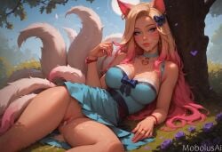 ai_generated mobolusai league_of_legends ahri ahri_(league_of_legends) vastaya big_breasts blonde_hair k/da_ahri k/da_series k/da_all_out_series k/da_all_out_ahri multicolored_hair female blonde_female earrings dress summer summer_dress blue_eyes looking_at_viewer tail tails beautiful bow fox_girl fox_ears behind_tree park cum cum_dripping cum_dripping_out_of_pussy cleavage skirt skirt_lift after_sex after_vaginal cum_on_breasts cum_on_face lying on_side