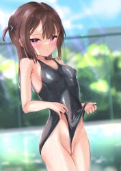 1girl blush breasts brown_hair cameltoe hair_ornament highres namahyou nipples original pool poolside short_hair small_breasts straight_hair swimming_pool swimsuit swimsuit_pull tied_hair