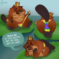 absurd_res anal_request beaver bulge bulge_from_behind butt clothed clothing coffee_(artist) coffeebynight crown dialogue disney english_text feral front_view headgear hi_res hoppers_(disney) king_george_(hoppers) lgbt_pride looking_at_viewer lying male mammal one_eye_closed oral_request outside partially_clothed pasties pixar presenting presenting_hindquarters pride_color_clothing pride_color_underwear pride_colors propositioning raised_tail rear_view requesting rimming_request rodent sex_request sitting solo speech_bubble speedo stickers_on_face swimwear tail text underwear wink