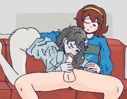 1enby 1futa 1girls 1nonbinary abstract_background blowjob bottomless bottomless_female commission couch don't_starve_(series) don't_starve_together dvgmedia fellatio foreplay futanari hand_on_ass headband nonbinary nonbinary_(lore) nonbinary_flag nonbinary_pride_colors oc rndmpornart rndmpornart_(oc) simple_background sitting tagme terra_(oc) wink youtube youtuber