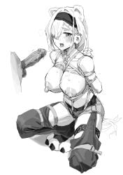 1boy 1girl a_tea after_fellatio animal_ear_fluff animal_ears arknights arms_behind_back bdsm bondage bound breasts character_request collarbone crotch_rope cum cum_in_mouth cum_on_body cum_on_breasts facial headband highres large_breasts long_hair nipples open_mouth pants shibari shibari_over_clothes shorts skindentation tongue tongue_out