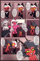 4girls between_breasts breasts_out comic gattomultiversal goetia hellhound helluva_boss imp loona_(helluva_boss) millie_(helluva_boss) moxxie_(helluva_boss) my_life_with_moxxie_(comic) page_25 succubi tits_out topless_female verosika_mayday_(helluva_boss) vivziepop yelling