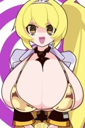 1girl akita_neru breasts breasts_out exposed_breasts fanloid female gigantic_breasts golden_bikini hypnosis maid_uniform open_mouth smile solo video vocaloid