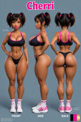 abs ai_generated asian asian_bimbo asian_female ass big_boobs big_breasts big_tits booty bubble_butt busty busty_female cherri_(mdetector5) fit fit_body fit_female grok_imagine hoop_earrings lipstick original_character realistic reference_sheet sneakers sports_bra tanned tanned_female tanned_skin twintails