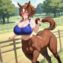 (titancore) ai_generated brown_fur brown_hair centaur cute_girl female girl horse_ears horse_girl horse_humanoid horse_tail huge_breasts monster_girl ponytail running sports_bra
