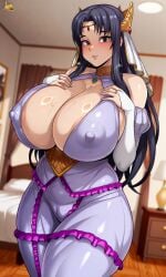 1girls 2026 ai ai_assisted ai_generated bedroom big_boobs big_breasts black_hair blush, breasts_bigger_than_head breasts_bigger_than_torso bridal_gauntlets brown_eyes bursting_breasts circlet cleavage_cutout collar covered_nipples covered_pussy detached_sleeves enormous_breasts erect_nipples female female_focus female_only frills front_view giant_breasts halterneck hands_above_breasts horny_female huge_breasts inviting_to_sex kyonyuu_fantasy large_breasts long_hair looking_at_viewer milf nipples_visible_through_clothing open_mouth parted_bangs princess purple_dress rokusaanu_do_dejiiru roxanne_de_desir seductive seductive_look standing sweaty_body thick_thighs veil voluptuous_body voluptuous_female wide_hips younger_female