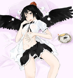 1girls black_hair black_wings breasts eating female food hat keisan midriff navel noodles ribbon see-through shameimaru_aya shirt short_hair skirt solo tokin_hat touhou wings