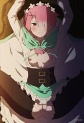 1girl aqua_cloak aqua_dress arms_up black_pantyhose censored center_frills center_opening cloak commentary commission corset dress flat_chest frills hair_ornament hair_over_one_eye highres long_sleeves looking_at_viewer lying mosaic_censoring nipples official_alternate_costume on_back pantyhose pink_hair pink_ribbon pussy ram_(re:zero) re:zero_kara_hajimeru_isekai_seikatsu red_eyes ribbon sand short_hair solo spread_legs torn_clothes torn_pantyhose two-sided_cloak two-sided_fabric two-tone_dress white_cloak white_dress x_hair_ornament zuharu