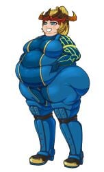 1female 1girl bel_(beltorchika12) beltorchika12 big_belly blonde_female blonde_hair blue_bodysuit blue_eyes bodysuit bottom_heavy chubby chubby_female drool fat fat_female female female_focus female_only forksporks gold_trim grabbing_own_belly headpiece heeled_boots overweight overweight_female plump prominent_tummy satisfied sequence steel_toe_boot thick_thighs weight_gain white_background