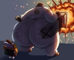 2025 anthro barefoot bear ben_bigger big_butt bottomwear brown_body brown_fur butt clothed clothing duo explosion feet fur hi_res holding_object huge_butt hyper hyper_butt jacket male male_only mammal megacoolbear megacoolbear_(artist) mihoyo overweight overweight_anthro overweight_male pants rear_view solo solo_male topwear ursid weapon white_bottomwear white_clothing white_jacket white_pants white_topwear zenless_zone_zero