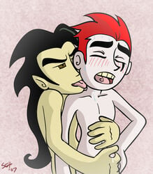 2007 albino black_hair blush chase_young full-face_blush gold_eyes handjob jack_spicer licking long_hair male male_only multiple_males precum red_hair tagme xiaolin_showdown yaoi