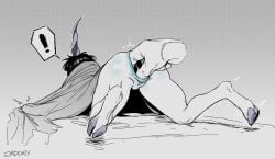 1_horn 2024 anal anal_penetration anal_stretching anus bed black_hair bovid_horn butt caprine_horn demon demon_humanoid english_text espier_(tung) exclamation_point female floating_head furniture gaping gaping_anus genitals goat_horn hair hi_res hooves horn humanoid jadony nude on_bed penetration rear_view sex signature solo speech_bubble succubus surprised text under_covers vulva