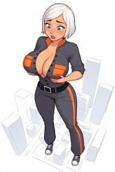 1girls ai ai_art ai_generated big_breasts blue_eyes breast_expansion breast_growth breasts busty city cleavage dreamworks dreamworks_animation female female_only fully_clothed giantess ginormica holding_breast huge_breasts jumpsuit monsters_vs_aliens perchance_ai solo susan_murphy white_hair