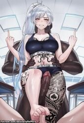 1girl ai_generated anime basicallynomore black_panties black_sports_bra blacked blacked_clothing cuckold cuckold_pov cuckolding dark-skinned_male dark_skin feet female in_front_of_cuckold interracial looking_at_viewer middle_finger penis penis_size_difference pubic_tattoo qos qos_clothing qos_tattoo queen_of_spades queen_of_spades_symbol queen_of_spades_tattoo rwby small_penis small_penis_humiliation sportswear tattoo tattoos weiss_schnee white_skin white_skinned_male