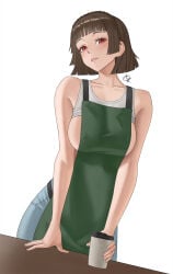 degalinx makoto_niijima female 1girls apron large_breasts breasts covered_nipples shirt shirt_lift white_shirt brown_hair short_hair looking_at_viewer white_background simple_background barista tank_top tank_top_lift jeans pants blush red_eyes bare_shoulders green_apron coffee_cup persona persona_5