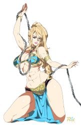 abs armlet athletic_female belly_dancer belly_dancer_outfit blonde_hair blue_eyes bracelet chain_leash chained femsub fit_female harem_girl harem_outfit huge_breasts kneeling loincloth long_hair metroid nintendo ponytail r3dfive samus_aran slave slave_bikini slave_collar slave_girl slave_leia_(cosplay) slave_outfit star_wars submissive_female thick_thighs voluptuous