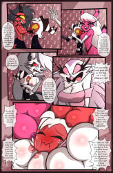 4girls between_breasts breasts_out comic gattomultiversal goetia hellhound helluva_boss imp loona_(helluva_boss) millie_(helluva_boss) moxxie_(helluva_boss) my_life_with_moxxie_(comic) page_23 stella_(helluva_boss) succubi tits_out topless_female verosika_mayday_(helluva_boss) vivziepop yelling