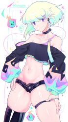 1boy alternate_version_available big_hips bra bulge choker clothing collar crossdressing femboy femboy_only feminine_male lio_fotia looking_at_viewer male midriff minishorts nail_polish nails_painted oyasaiiis painted_nails petite_male promare skinny slim_male slim_waist solo thick_thighs thigh_strap thin thin_waist twink wide_hips