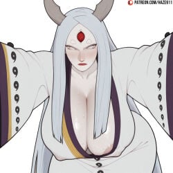 haze911 ai_generated naruto_(series) naruto naruto_shippuden otsutsuki_kaguya kimono very_long_hair long_hair mature_female milf areolae areola_slip blush 1girls third_eye red_lips grey_hair japanese_clothes incoming_hug sweat colored_skin covered_nipples solo white_skin huge_breasts gigantic_breasts pale_skin white_eyes cleavage horns breasts