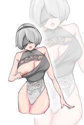 goblinmoisty nier nier:_automata yorha_2b 1girls white_background female female_only solo light_skin light-skinned_female white_hair short_hair blindfold hairband breasts big_breasts breasts_out nipples areolae clothing