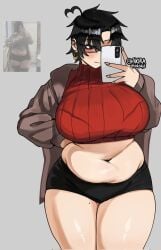 1girls 2girls akira404040 big_breasts black_hair bra_outline bralines breasts child_bearing_hips chubby_female fair-skinned_female fair_skin female female_focus female_only jpg neru_(akira404040) no_background oc original original_character reference_image shorts simple_background twitter_link twitter_username voluptuous voluptuous_female watermark white_background