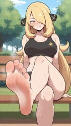 1girls ai_generated barefoot blonde blonde_hair clothed clothed_female clothing creatures_(company) cynthia_(pokemon) feet female female_only foot_fetish foot_focus game_freak nintendo outdoors pokemon pokemon_bdsp pokemon_dppt self_upload smell smell_fetish smelly smelly_feet solo solo_female sports_bra sportswear sweat sweaty sweaty_feet toes