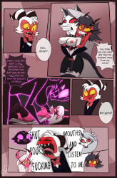 4girls between_breasts breasts_out comic gattomultiversal goetia hellhound helluva_boss imp loona_(helluva_boss) millie_(helluva_boss) moxxie_(helluva_boss) my_life_with_moxxie_(comic) page_20 stella_(helluva_boss) succubi tits_out topless_female verosika_mayday_(helluva_boss) vivziepop yelling