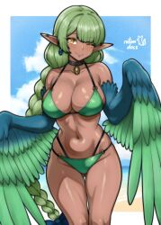 1girl absurdres artist_name asymmetrical_hair bikini blue_sky bow braid breasts choker cleavage commentary commission cowboy_shot dark-skinned_female dark_skin earrings english_commentary feathered_wings full_cleavage gluteal_fold green_bikini green_hair green_wings hair_bow harpy highres jewelry ko-fi_commission large_breasts light_blush long_hair mole mole_under_eye monster_girl navel o-ring o-ring_bikini one_eye_closed original parted_bangs pendant pendant_choker pointy_ears rotomdocs sideboob signature single_braid single_earring sky smile standing stomach swimsuit very_long_hair winged_arms wings