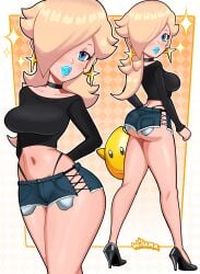1girls alternate_version_available arms_behind_back ass ass_cleavage ass_shot big_ass big_breasts big_lips bimbo bimbo_lips black_shorts black_thong blonde_hair blue_eyes blue_lips blue_lipstick blue_shorts bottomwear choker close-up clothing crop_top ear_piercing earrings female female_focus female_only footwear full_body hair hair_over_one_eye half-closed_eyes heels high_heels hips legs lips lipstick long_hair looking_back luma mario_(series) multiple_views neckwear nintendo parted_lips princess_rosalina short_shorts shorts side_view sideboob sparkles star star_earrings thick_lips thighs thong topwear wide_hips wiluma