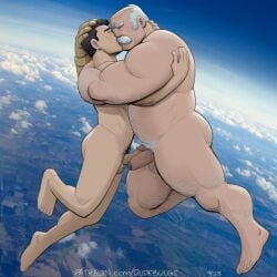 dudebulge male male_only gay bara kiss kissing makeout conquest_(invincible) invincible invincible_(tv_series) mark_grayson older_male older_male_and_younger_male size_difference age_difference white_hair naked flying muscular muscular_male