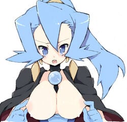 blue_eyes blue_hair breasts cape clair_(pokemon) earrings female female_only gloves gym_leader human human_only jewelry large_breasts nakamura_sandayo nintendo nipple_tweak nipples pokemon pokemon_gsc solo sweat