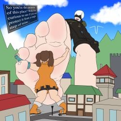 clubvelvet nier nier:_automata yorha_9s diane_(nanatsu_no_taizai) nanatsu_no_taizai seven_deadly_sins 1boy male light_skin light-skinned_male femboy trap white_hair short_hair blindfold clothing clothed feet foot_fetish giantess size_difference macro text english_text giant_male giant_femboy