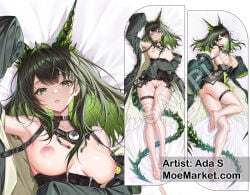 ada_s ai_generated arknights breasts dakimakura dakimakura_design looking_at_viewer moemarket mon3tr_(arknights) off_shoulder pussy thighs