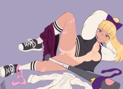 blonde_hair bomber_jacket breasts_out exposed_breasts exposed_pussy kyoko_(kunio-kun) mayauprising nipples pussy river_city_girls shoes skirt smile sneakers socks tan_body tanline tanned_skin tits undressed vagina