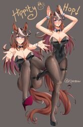 1girl :o absurdres animal_ears bow bowtie breasts bunnysuit cleavage covered_navel detached_collar earrings english_text high_heels highres horse_ears horse_girl jewelry kizessuu large_breasts long_hair looking_at_viewer multiple_views outstretched_arms pantyhose playboy_bunny purple_eyes rabbit_pose single_earring skindentation smile symboli_rudolf_(umamusume) thigh_strap umamusume white_wrist_cuffs wrist_cuffs