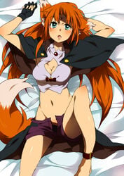 arf blue_eyes blush breasts capelet cleavage cleavage_cutout dog_ear dog_tail fingerless_gloves forehead_jewel gloves hatsuka_nezumi long_hair lyrical_nanoha mahou_shoujo_lyrical_nanoha midriff no_panties open_fly open_shorts orange_hair shorts tail unzipped