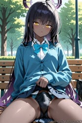 1boy ai_generated bangs bench black_hair black_panties blue_archive blush bow bowtie bulge cardigan dark_skin eyebrows_visible_through_hair femboy genderswap genderswap_(ftm) halo karin_(blue_archive) lifted_by_self long_hair looking_at_viewer male outdoors panties park pleated_skirt school_uniform shirt sitting skirt skirt_lift solo tehmar thighs trans_woman transfem trap tree underwear white_shirt yellow_eyes