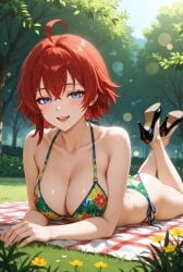 original_character red_hair blue_eyes big_breasts looking_at_viewer smile smiling smiling_at_viewer ai_generated bikini park garden exhibitionism flower_bikini high_heels black_high_heels sunny ass big_ass bouncing_ass crossed_legs lying_on_stomach lying_on_ground tablecloth picnic_blanket happy flower