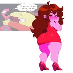 1:1 adult_swim ahoge alan_(smiling_friends) allan_(smiling_friends) allan_red ass auburn_hair blush charlie_(smiling_friends) charlie_dompler digital_media_(artwork) friday_night_funkin girlfriend_(friday_night_funkin) glare kerotheklutz purple_skin red_dress red_heels smiling_friends watermark