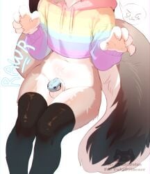 absurd_res anthro balls big_ears bottomless bottomless_male bottomwear chastity_cage chastity_device claws clothed clothing cropped_hoodie ears_down femboy finger_claws fluffy fluffy_tail fur genitals hair hi_res lagomorph legwear leporid male mammal midriff multicolored_clothing navel penis pivoted_ears rabbit rainbow_clothing rainbow_hoodie rudy_(katsucoffee) sitting solo tail tan_body tan_fur text yukidrimurr