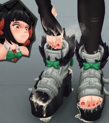 1girl absurdres angels_of_delusion black_hair black_thighhighs blush cum cum_in_footwear cum_on_body cum_on_clothes cum_on_feet embarrassed feet foot_fetish foot_focus highres looking_down multicolored_hair nail_polish nangong_yu_(zenless_zone_zero) necktie noahy11 painted_toenails red_eyes red_nails sandals shoes stirrup_footwear thighhighs toes unworn_shoes zenless_zone_zero