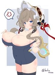 1girl alternate_costume anger_vein areola_slip bare_shoulders black_thighhighs blue_eyes blue_one-piece_swimsuit blush bonnet border breasts brown_hair clothes_pull collarbone commentary_request covered_navel genshin_impact grey_background hair_intakes hair_ornament hands_up highres large_breasts looking_at_viewer maid_headdress misaki_naoe one-piece_swimsuit one-piece_swimsuit_pull outside_border parted_lips pulling_own_clothes red_ribbon ribbon sandrone_(genshin_impact) school_swimsuit simple_background solo speech_bubble spoken_anger_vein standing strap_pull sweat swimsuit thighhighs twitter_username v-shaped_eyebrows white_bonnet white_border