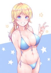 1girl 1girls abs absurd_res arm_behind_back bikini blonde_hair blue_bikini blue_eyes breasts cleavage cleft_of_venus collarbone commentary_request cowboy_shot female female_focus female_only front-tie_bikini_top front-tie_top grin hachimiya_meguru hair_ornament hairclip halterneck highres idolmaster idolmaster_shiny_colors kanabun large_breasts long_hair looking_at_viewer low_twintails navel revealing_clothes side-tie_bikini_bottom simple_background smile solo star_(symbol) star_hair_ornament string_bikini swimsuit twintails w